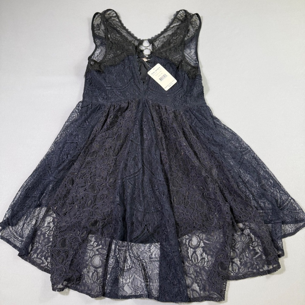 Free People Dont You Dare Mini Dress Women XS Navy Black Lace Boho Open Back NEW